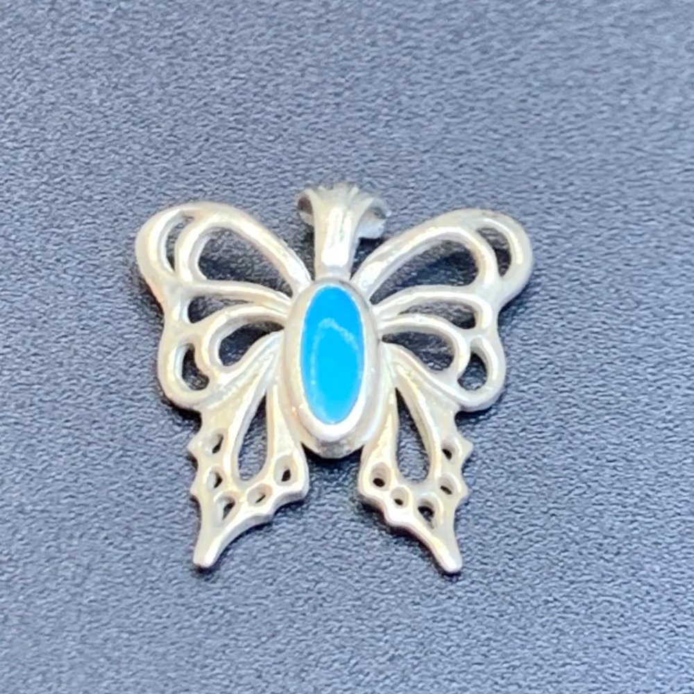 Sterling Silver 925 Open Scroll Design Turquoise Butterfly Pendant .75" Long